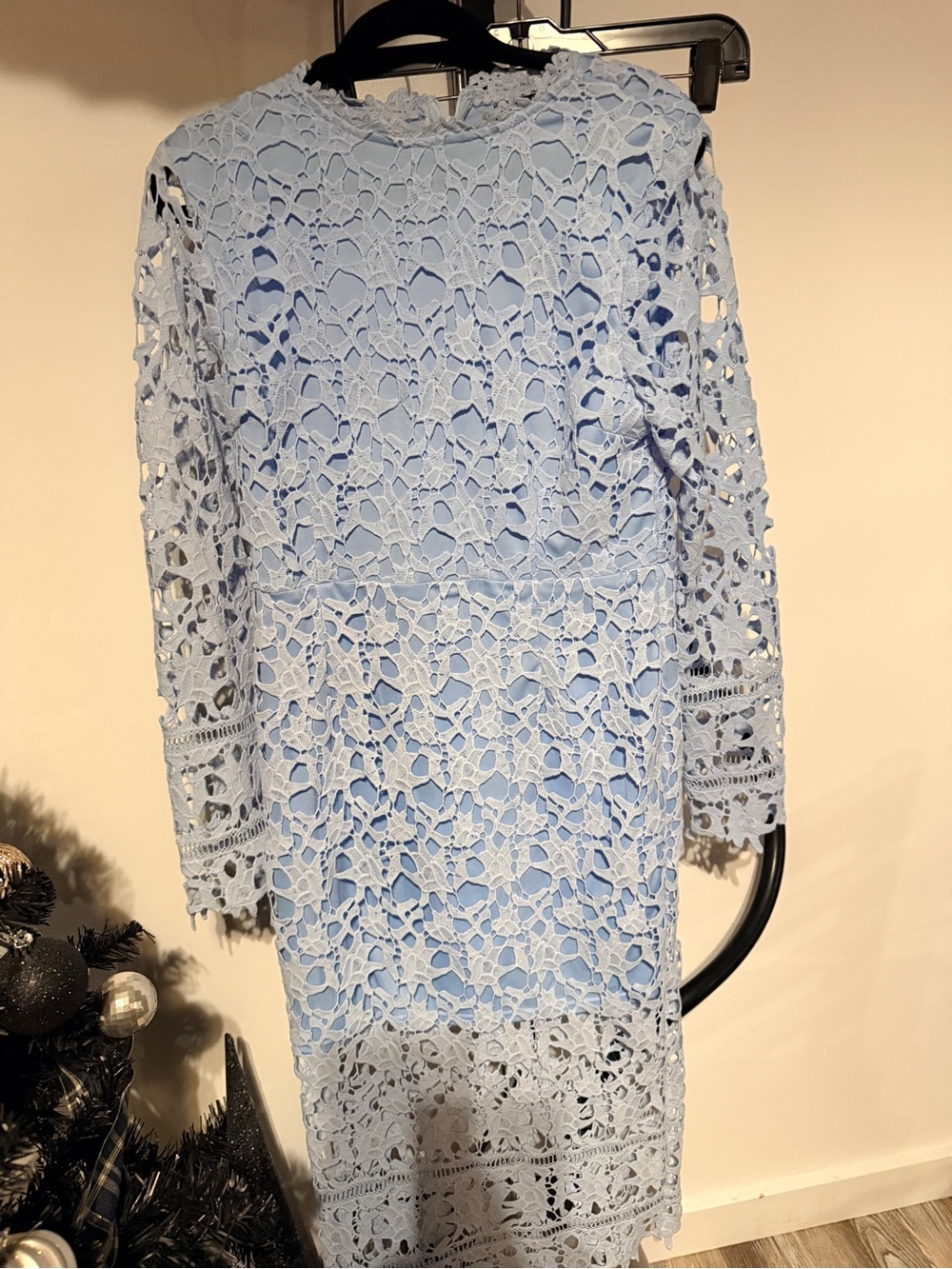 Boohoo Powder Blue Crochet Lace Long Sleeve Dress
